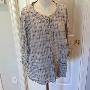 FLAX linen button down blouse in plaid, women’s XL